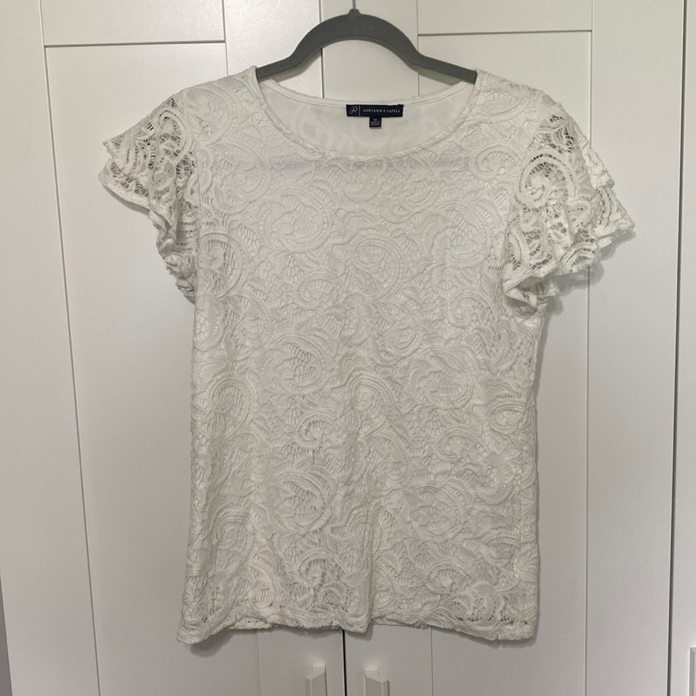 Adrianna Papell White Lace Short Sleeve Blouse Size M